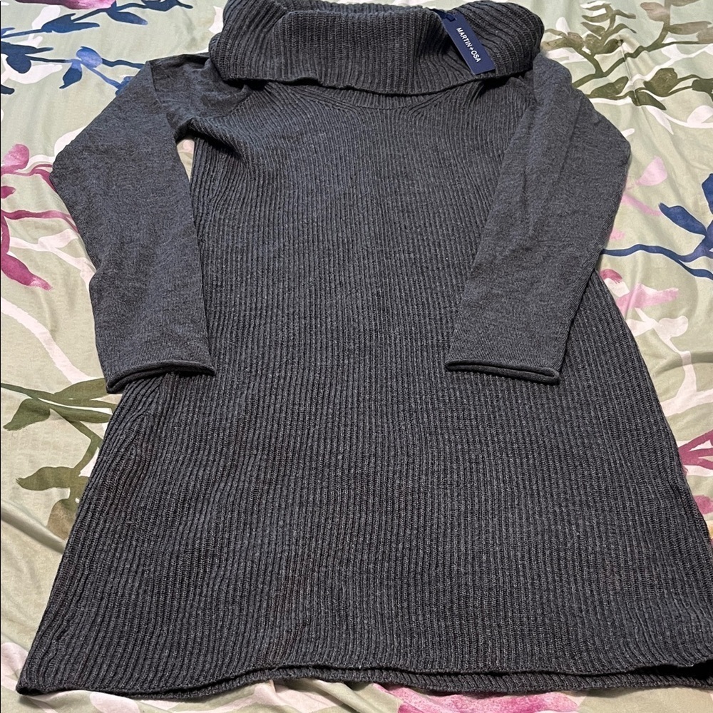 Gray Ribbed Knit Sweater Dress